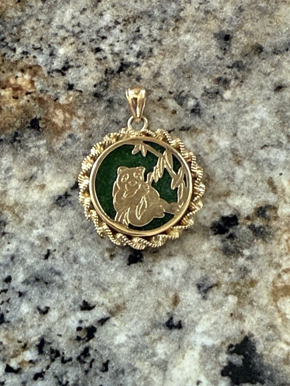 14k AP Yellow Gold Green Jade Panda Eating Leaves, Bamboo Circle Pendant EUC
